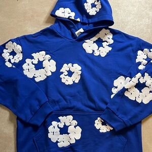 Blue Hoodie with White Floral Patterns